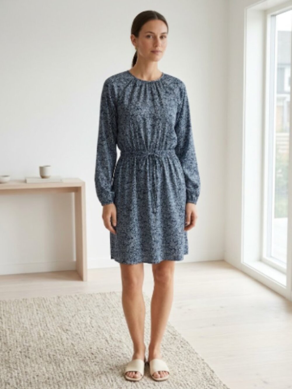 MICHAEL Michael Kors Navy Blue Floral Long Sleeve Drawstring Dress 0914